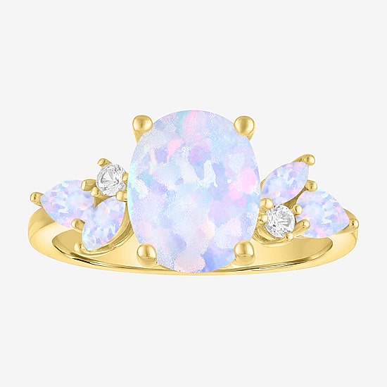 Womens Lab Created White Opal 14K Gold Over Silver Oval Side Stone Cocktail Ring