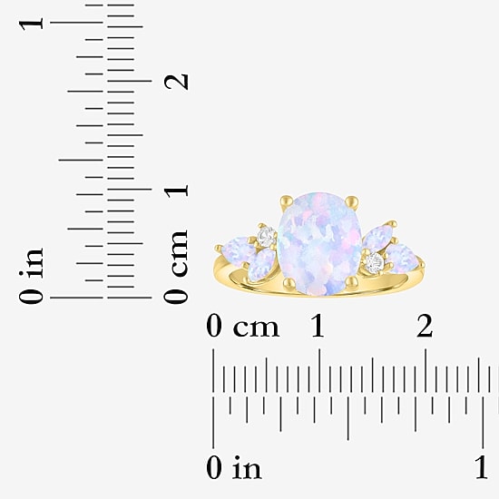 Womens Lab Created White Opal 14K Gold Over Silver Oval Side Stone Cocktail Ring