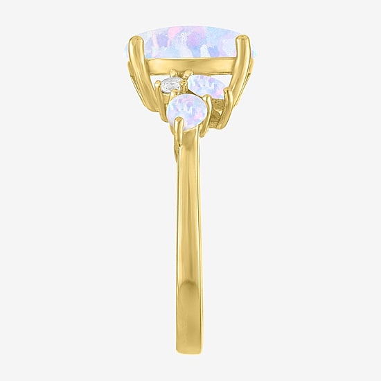 Womens Lab Created White Opal 14K Gold Over Silver Oval Side Stone Cocktail Ring