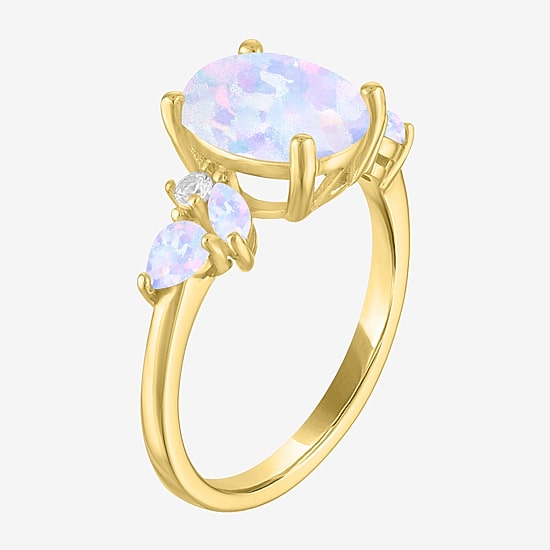 Womens Lab Created White Opal 14K Gold Over Silver Oval Side Stone Cocktail Ring