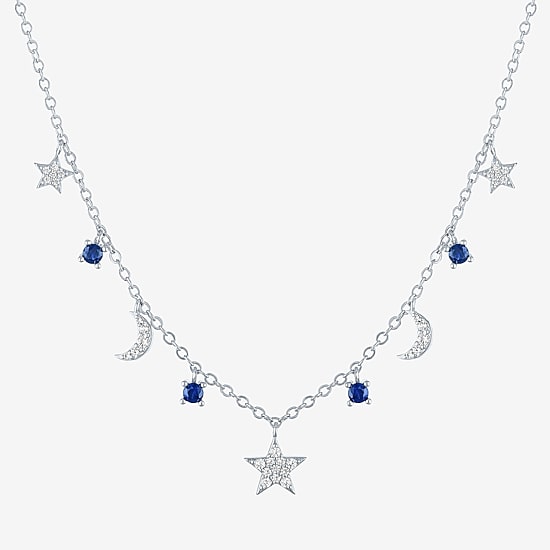 Womens Lab Created Blue Sapphire Pure Silver Over Brass Moon Star 16 Inch Pendant Necklace