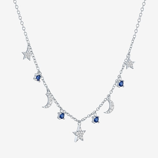 Womens Lab Created Blue Sapphire Pure Silver Over Brass Moon Star 16 Inch Pendant Necklace