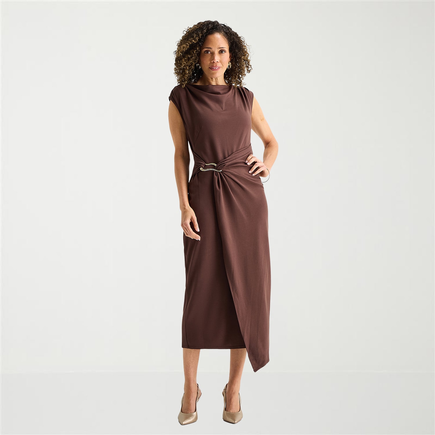 MSK Womens Midi Round Neck Sleeveless Cap Fit + Flare Dress