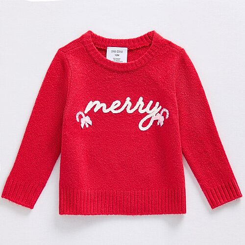 Okie Dokie Baby Girls Round Neck Long Sleeve Pullover Sweater, 24 Months, Red