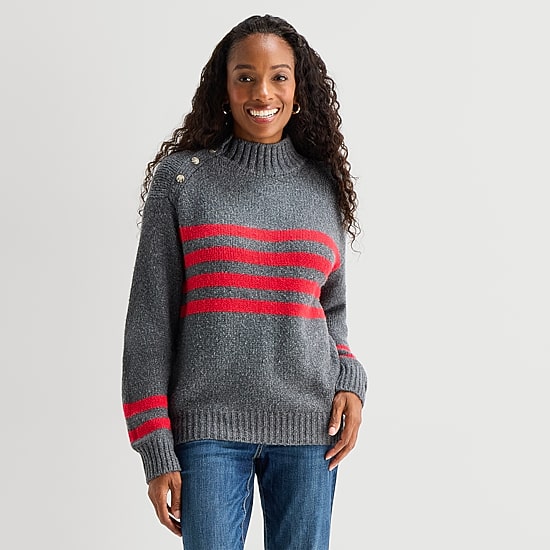 St. John's Bay Womens Mock Neck Long Sleeve Striped Pullover Sweater