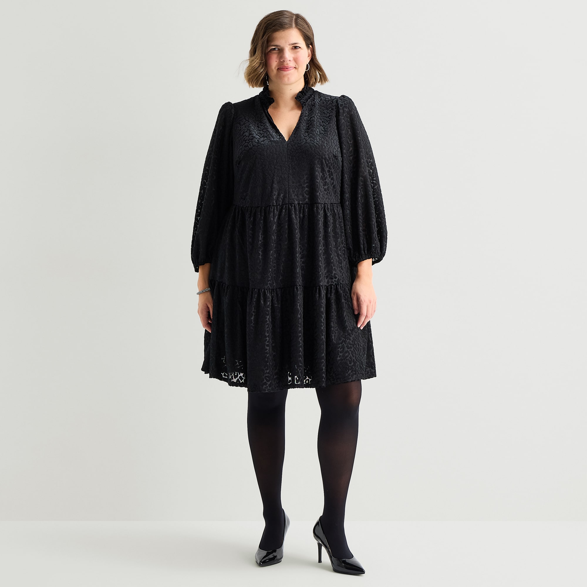 Melonie T Womens Plus V Neck Long Sleeve Velvet Babydoll Dress