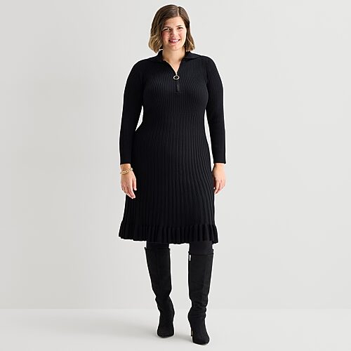 Robbie Bee Womens Plus Long Sleeve Rib Knit Midi Sweater Dress In Black