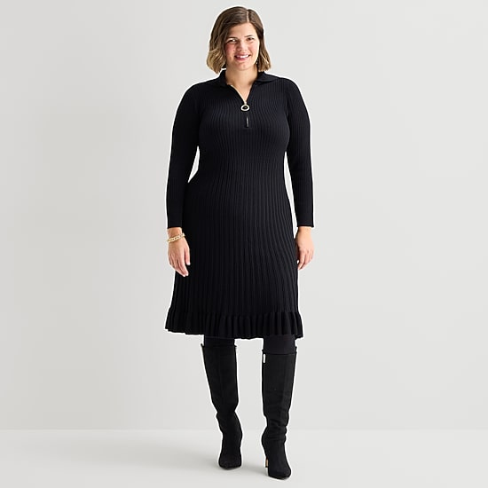 Robbie Bee Womens Plus Long Sleeve Rib Knit Midi Sweater Dress