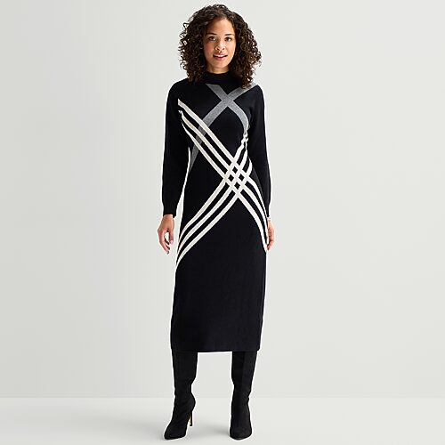 Robbie Bee Womens Long Sleeve Abstract Sweater Dress In Black