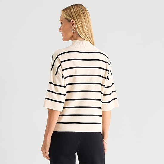 Liz Claiborne Womens Mock Neck Short Sleeve Striped Pullover Sweater