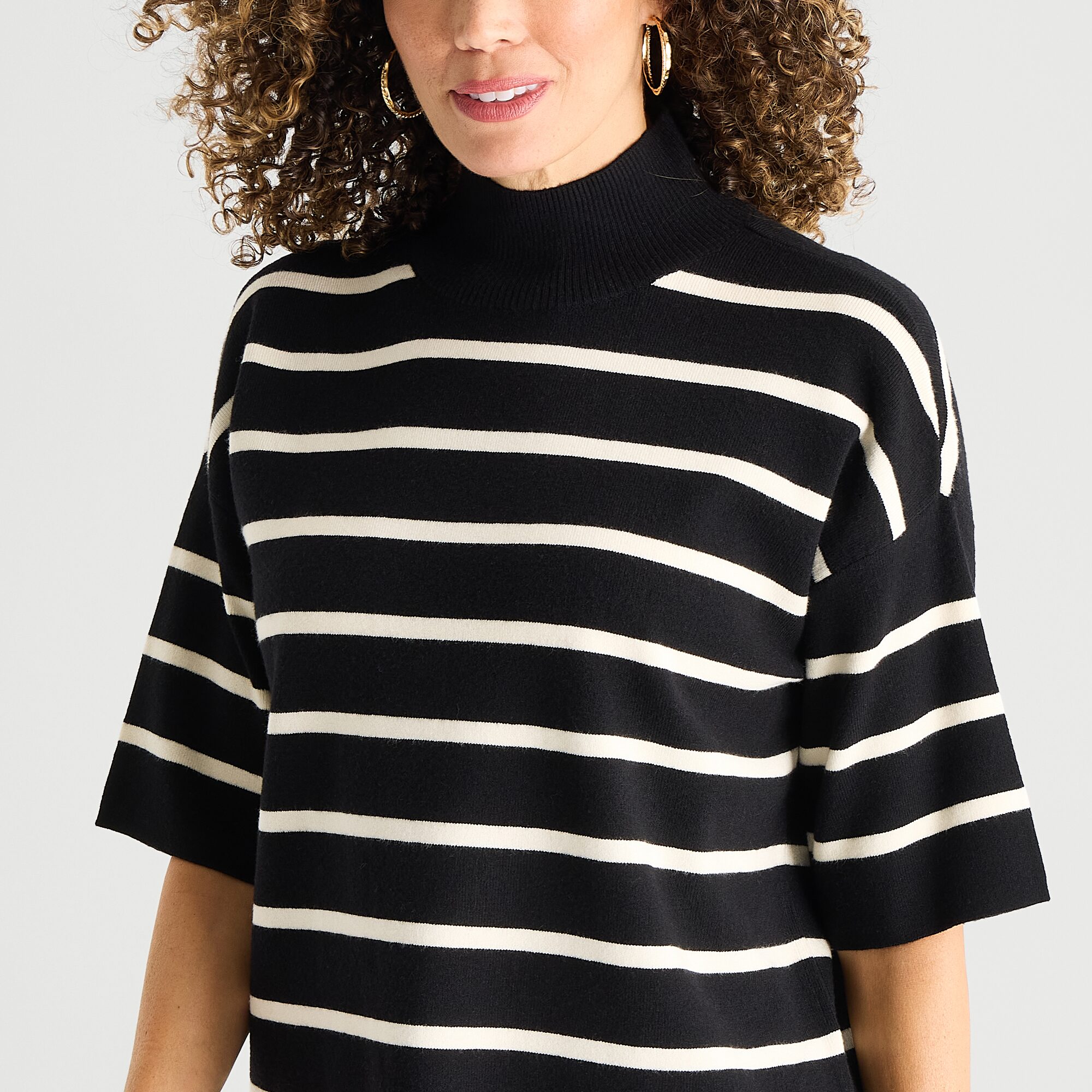 Liz Claiborne Womens Mock Neck Short Sleeve Striped Pullover Sweater
