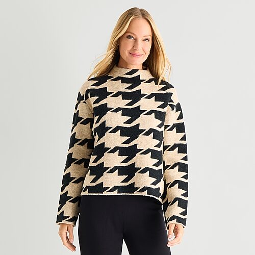 Liz Claiborne Womens Mock Neck Long Sleeve Plaid Pullover Sweater In Beige