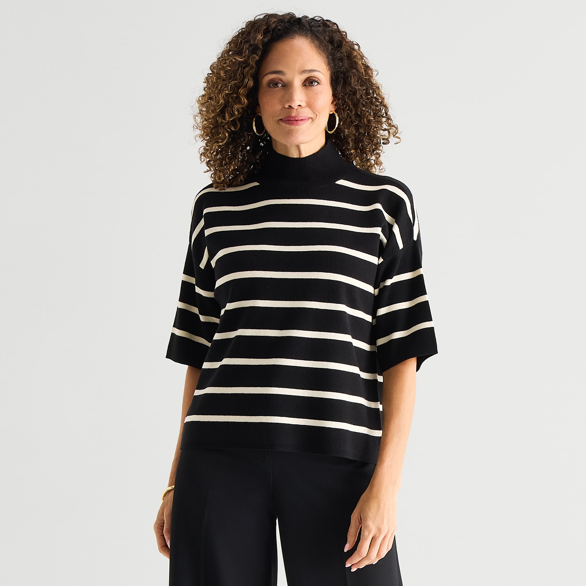 Liz Claiborne Womens Mock Neck Short Sleeve Striped Pullover Sweater