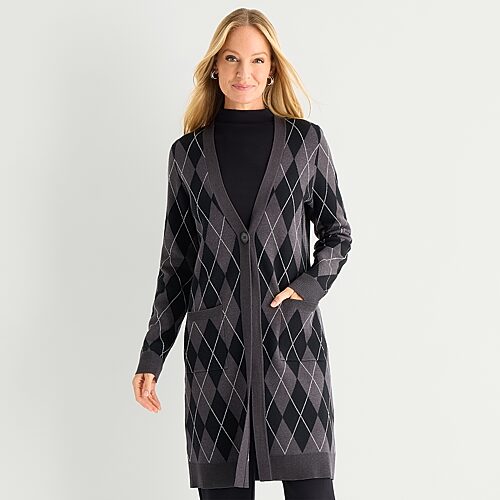 Liz Claiborne Womens Long Sleeve Button Tall Leopard Cardigan, X-large Tall, Black