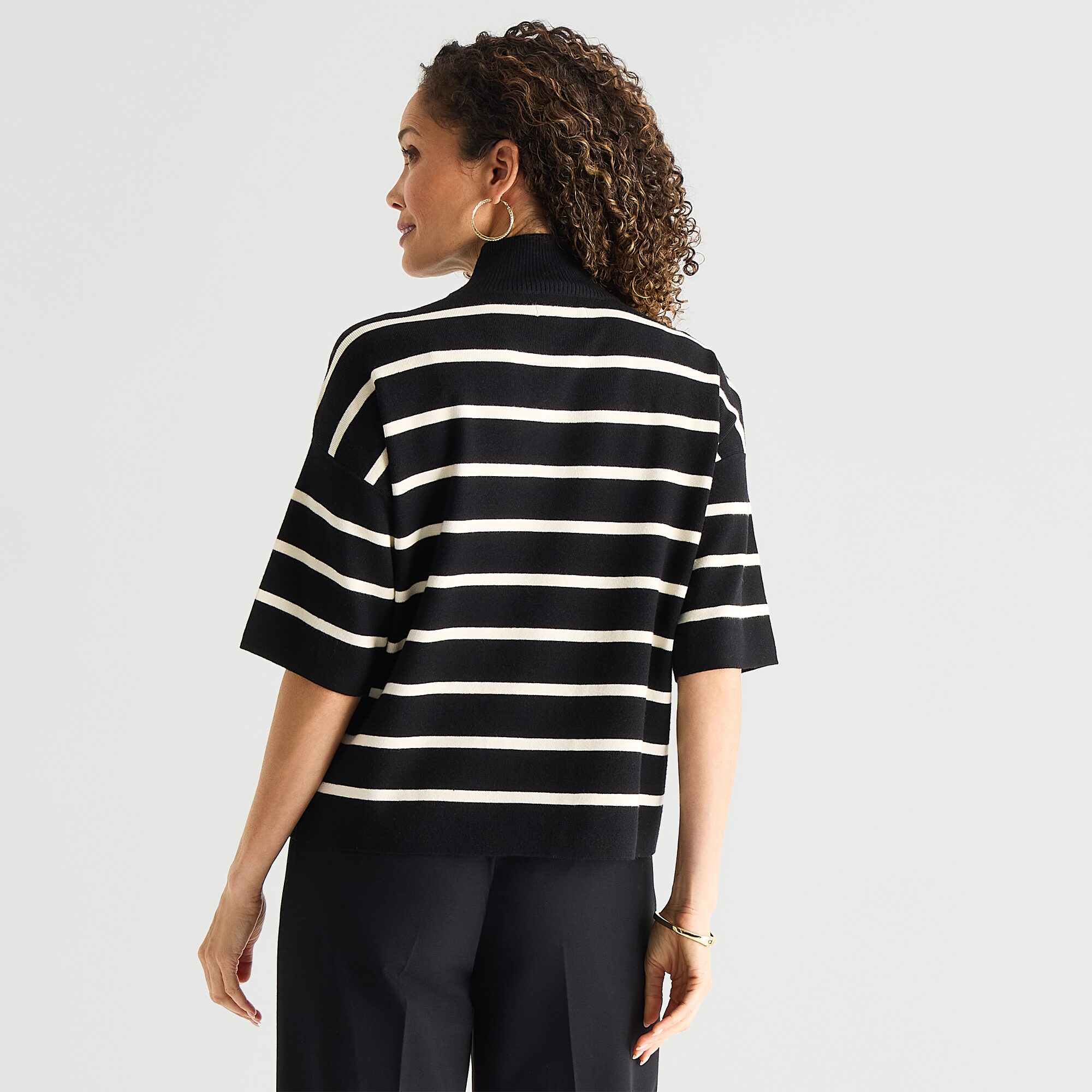 Liz Claiborne Womens Mock Neck Short Sleeve Striped Pullover Sweater