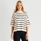 Liz Claiborne Womens Mock Neck Short Sleeve Striped Pullover Sweater