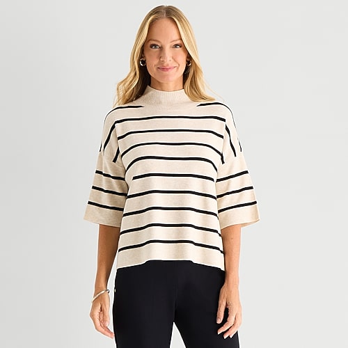Liz Claiborne Womens Mock Neck Short Sleeve Striped Pullover Sweater In Neutral