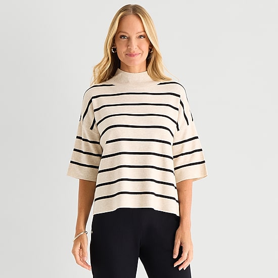 Liz Claiborne Womens Mock Neck Short Sleeve Striped Pullover Sweater