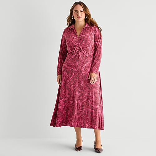 Danny & Nicole Womens Plus Long Sleeve Midi Abstract Shirt Dress In Red