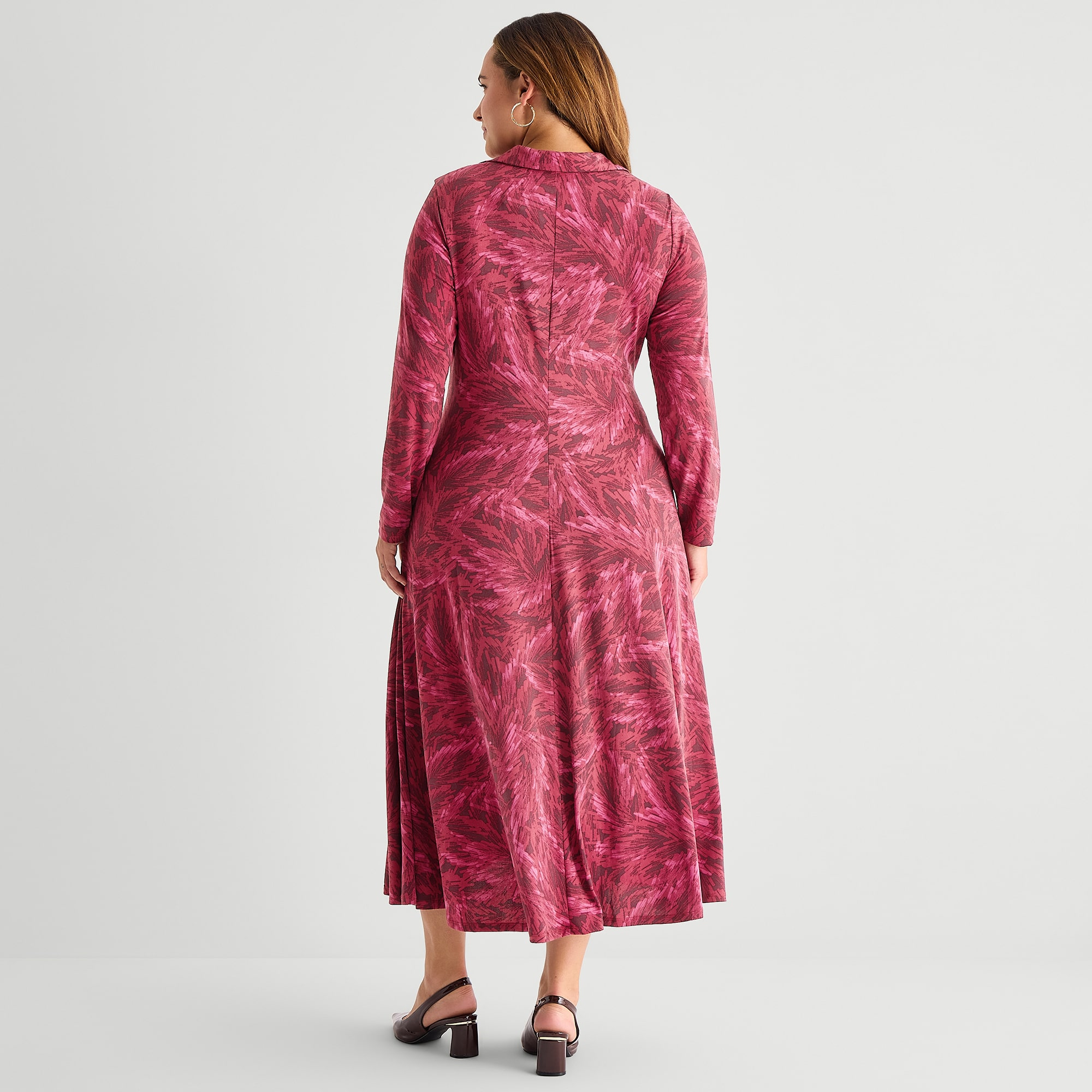 Danny & Nicole Womens Plus Long Sleeve Midi Abstract Shirt Dress