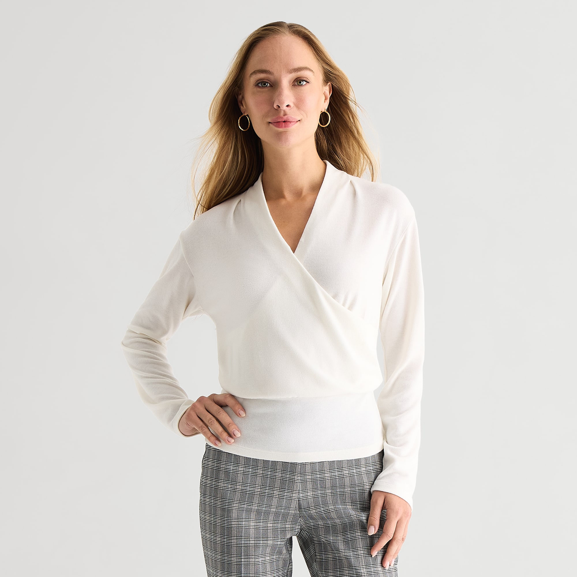 Liz Claiborne Womens V Neck Long Sleeve Faux Wrap Shirt
