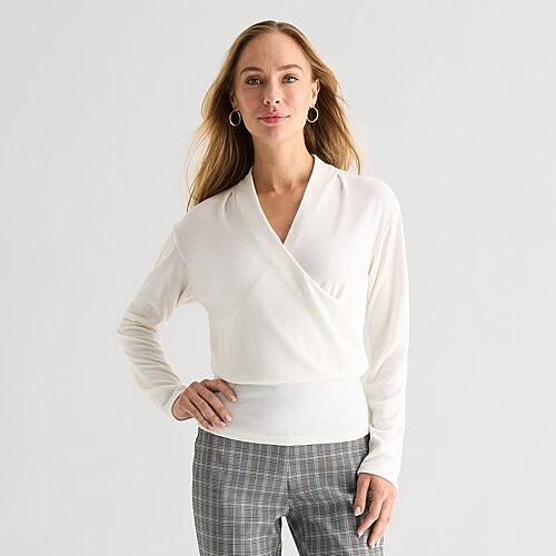 Liz Claiborne Womens V Neck Long Sleeve Faux Wrap Shirt, Xx-large, White