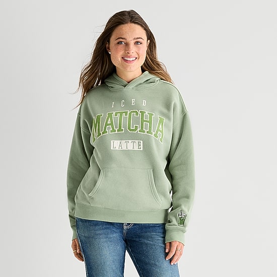 New World Matcha Womens Juniors Hooded Long Sleeve Sweatshirt