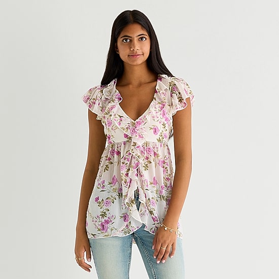 Arizona Womens Juniors V Neck Short Sleeve Blouse
