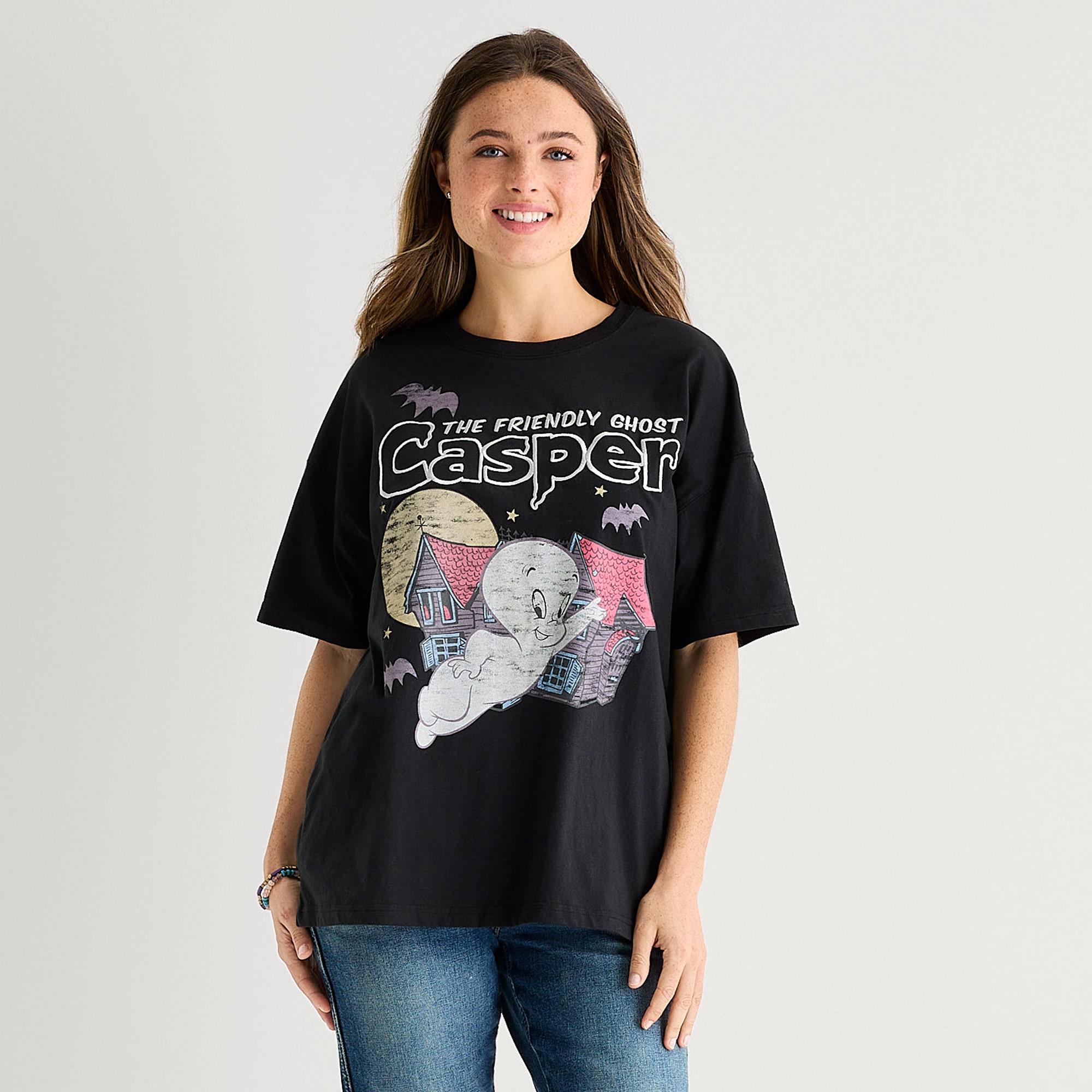 Casper Womens Juniors Crew Neck Short Sleeve Oversized Graphic T-Shirt