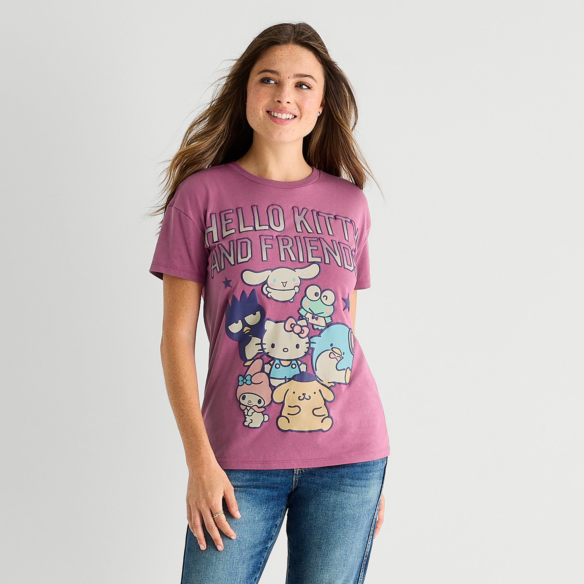 Womens Juniors Crew Neck Short Sleeve Loose Fit Hello Kitty Graphic T-Shirt