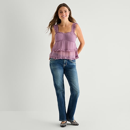Arizona Womens Juniors Sweetheart Neck Short Sleeve Blouse