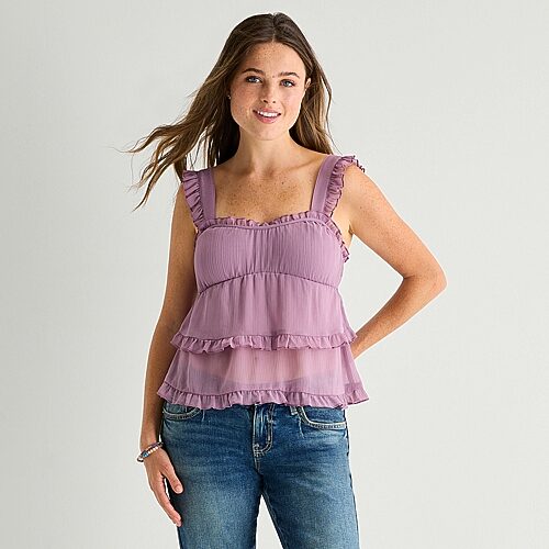 Arizona Womens Juniors Sweetheart Neck Short Sleeve Blouse In Purple