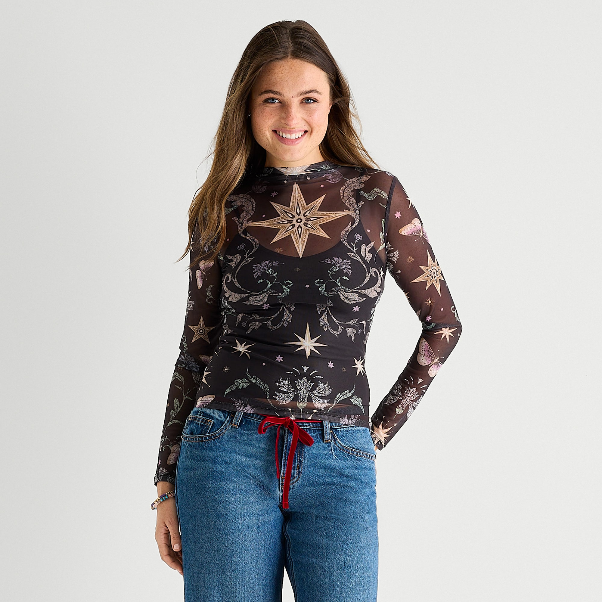 Arizona Womens Juniors Mock Neck Long Sleeve Layered Top