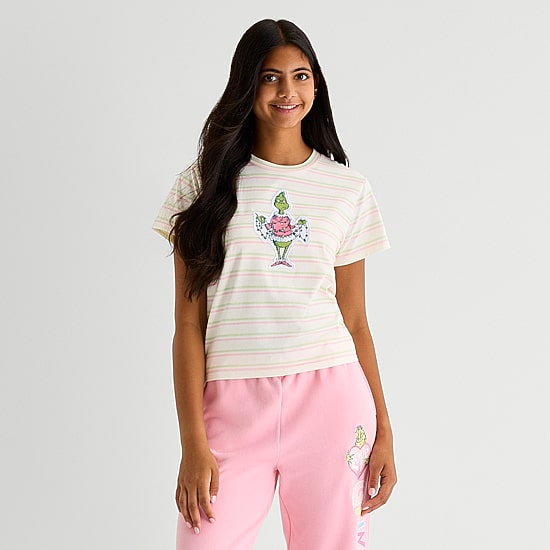 Womens Crew Neck Short Sleeve Fitted Grinch Graphic T-Shirt