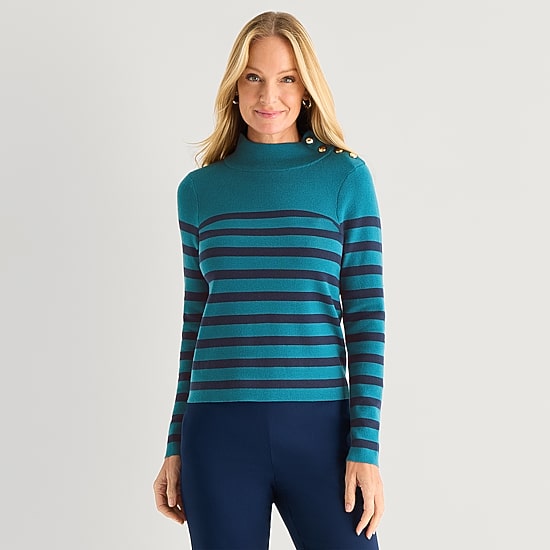 Liz Claiborne Womens Mock Neck Embellished Long Sleeve Striped Pullover Sweater