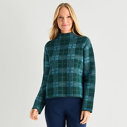 Liz Claiborne Womens Mock Neck Long Sleeve Plaid Pullover Sweater In Black