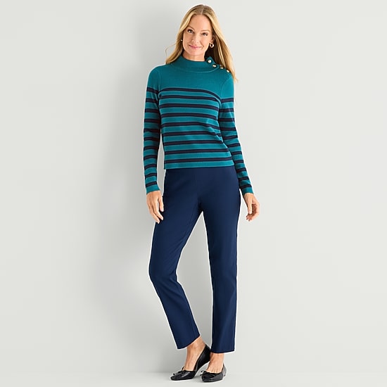 Liz Claiborne Womens Mock Neck Embellished Long Sleeve Striped Pullover Sweater