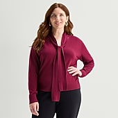 Liz Claiborne Plus Womens Split Tie Neck Long Sleeve Pullover Sweater