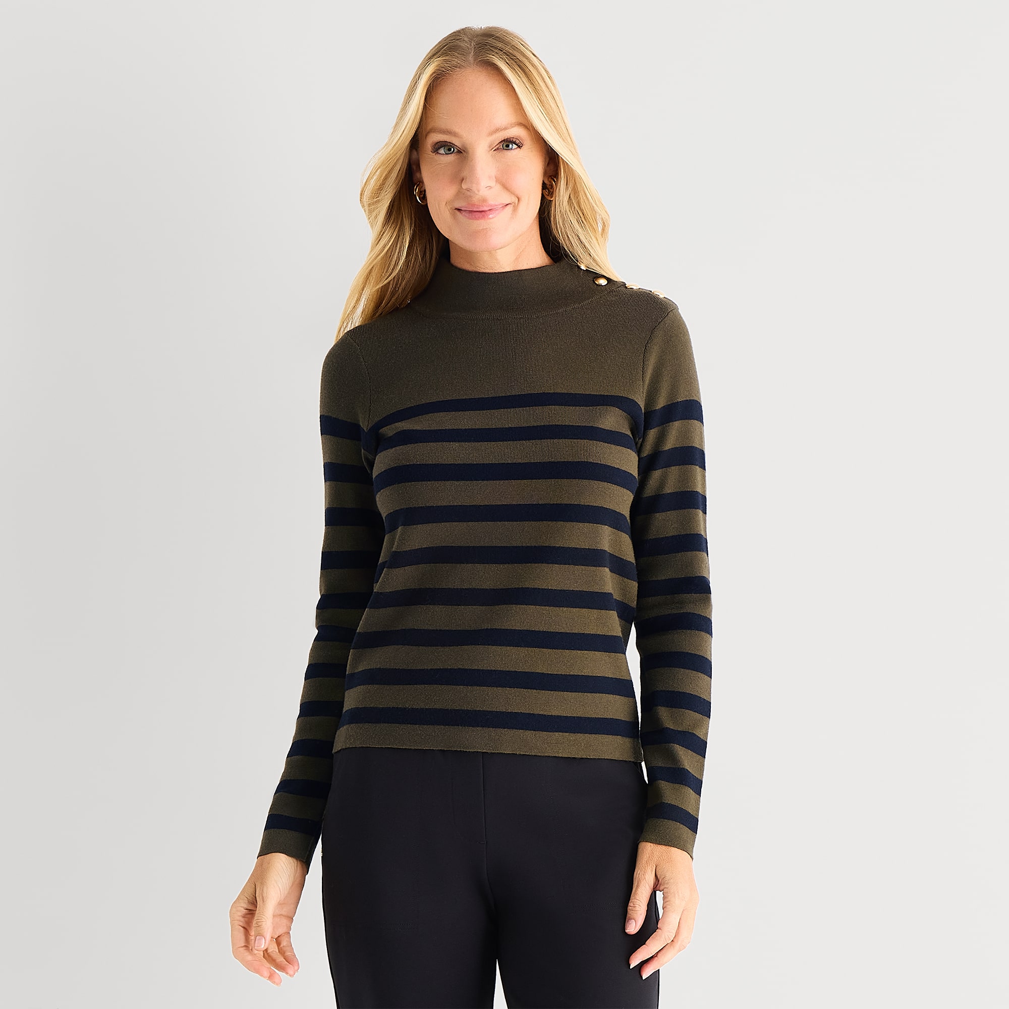 Liz Claiborne Womens Mock Neck Embellished Long Sleeve Striped Pullover Sweater