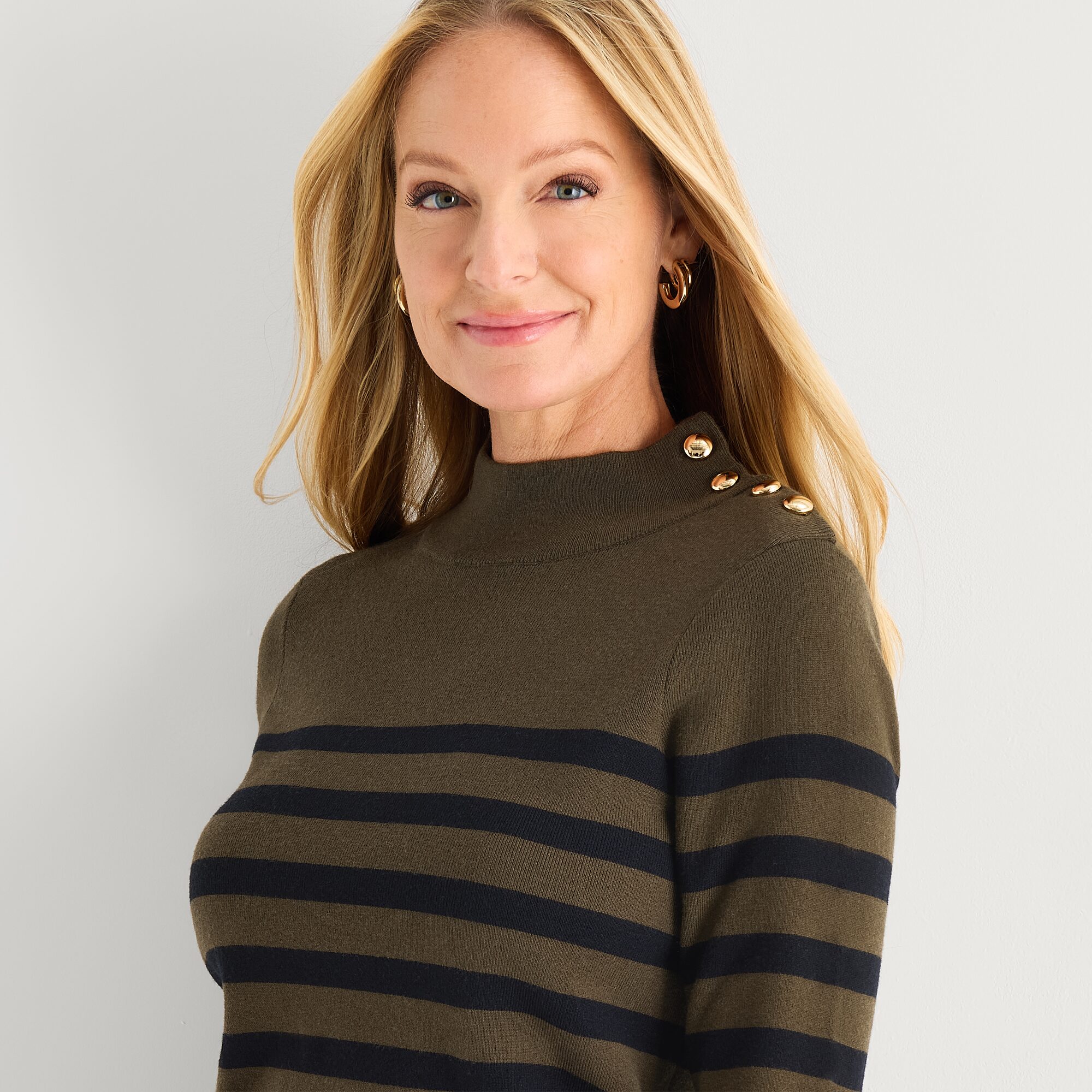 Liz Claiborne Womens Mock Neck Embellished Long Sleeve Striped Pullover Sweater