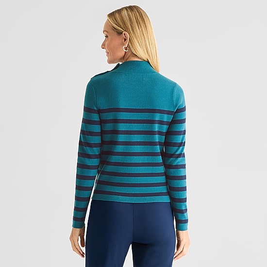 Liz Claiborne Womens Mock Neck Embellished Long Sleeve Striped Pullover Sweater