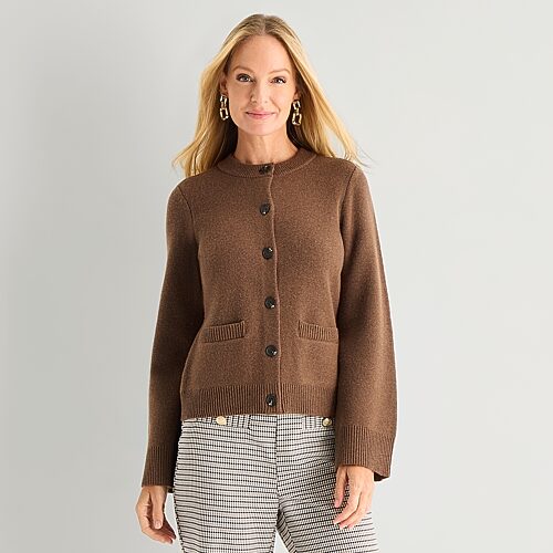 Liz Claiborne Womens Crew Neck Long Sleeve Button Cardigan In Brown