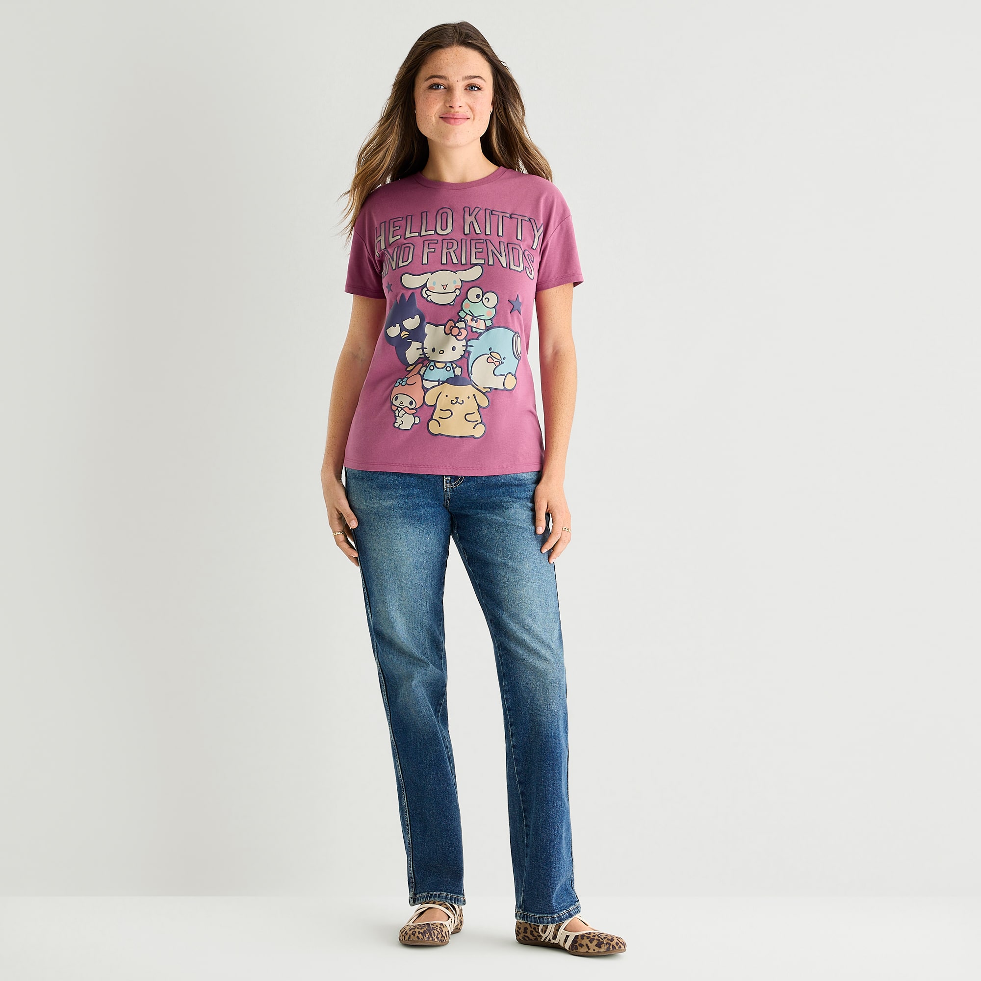 Womens Juniors Crew Neck Short Sleeve Loose Fit Hello Kitty Graphic T-Shirt