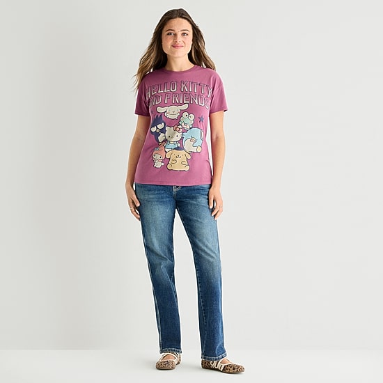 Womens Juniors Crew Neck Short Sleeve Loose Fit Hello Kitty Graphic T-Shirt
