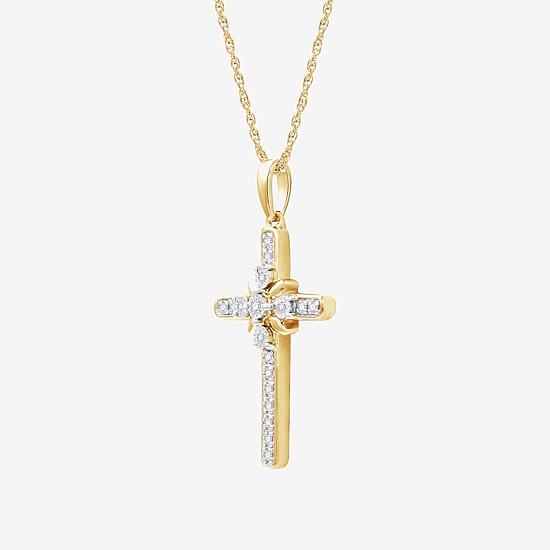Yes, Please! Womens 1/10 CT. T.W. Lab Grown White Diamond 14K Gold Over Brass Cross 18 Inch Pendant Necklace