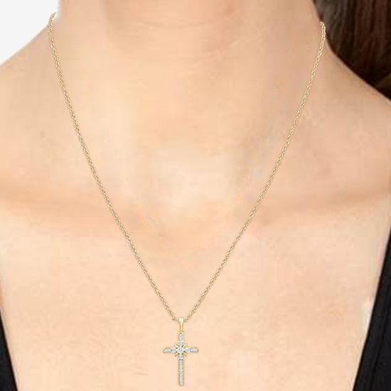 Yes, Please! Womens 1/10 CT. T.W. Lab Grown White Diamond 14K Gold Over Brass Cross 18 Inch Pendant Necklace