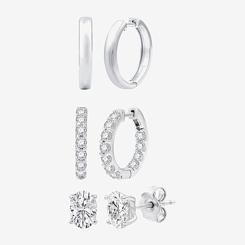 Timeless Yes, Please! Womens Lab Created White Sapphire 14K Gold Over Brass 3 Pair Earring Set, One Size, White