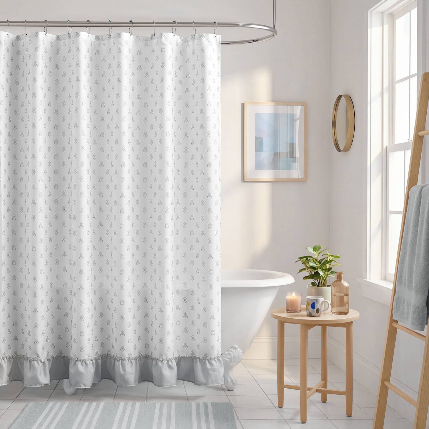 Intelligent Design Savanna Floral Ruffle Shower Curtain with 12 Roller Ball Hooks
