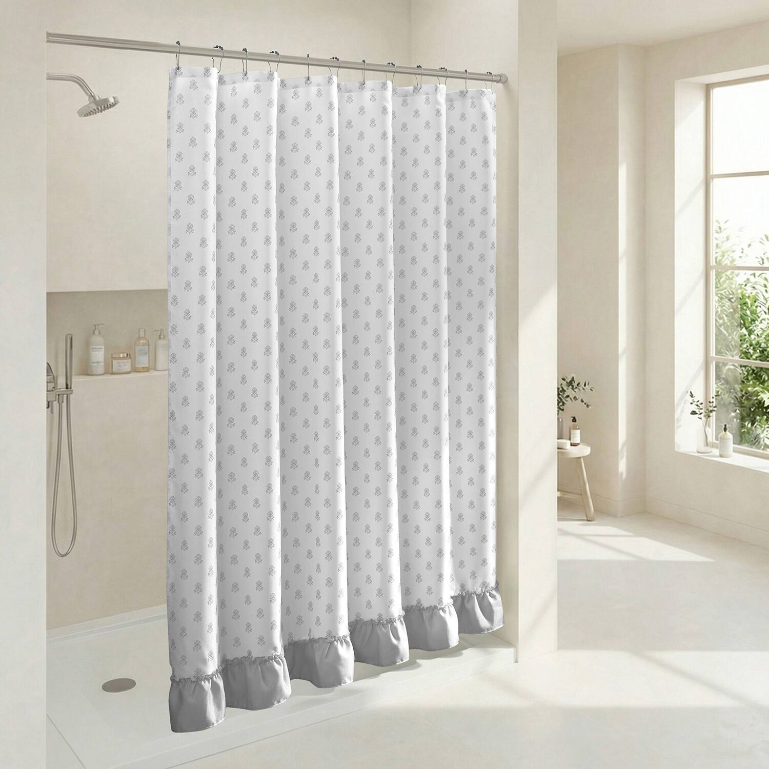 Intelligent Design Savanna Floral Ruffle Shower Curtain with 12 Roller Ball Hooks