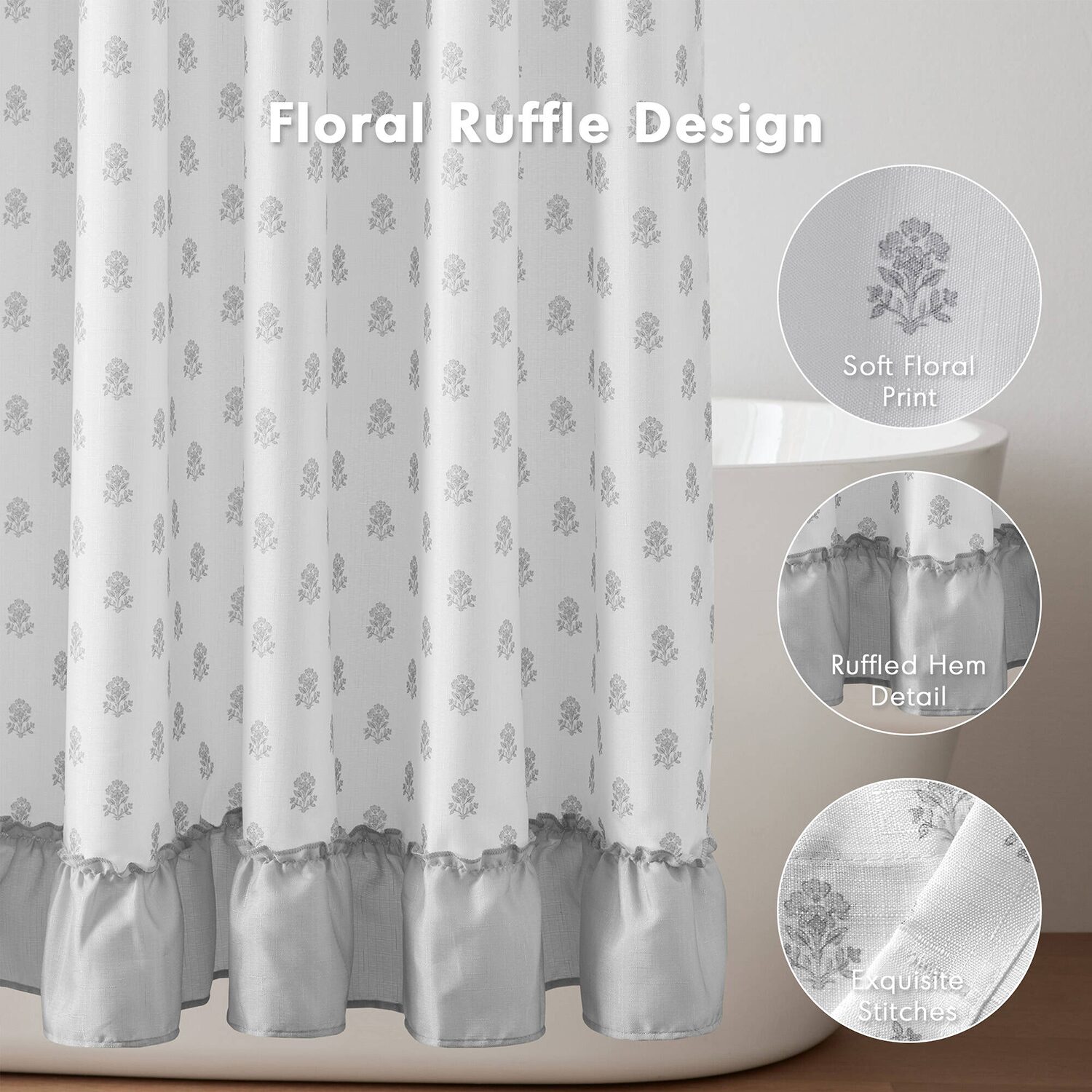 Intelligent Design Savanna Floral Ruffle Shower Curtain with 12 Roller Ball Hooks